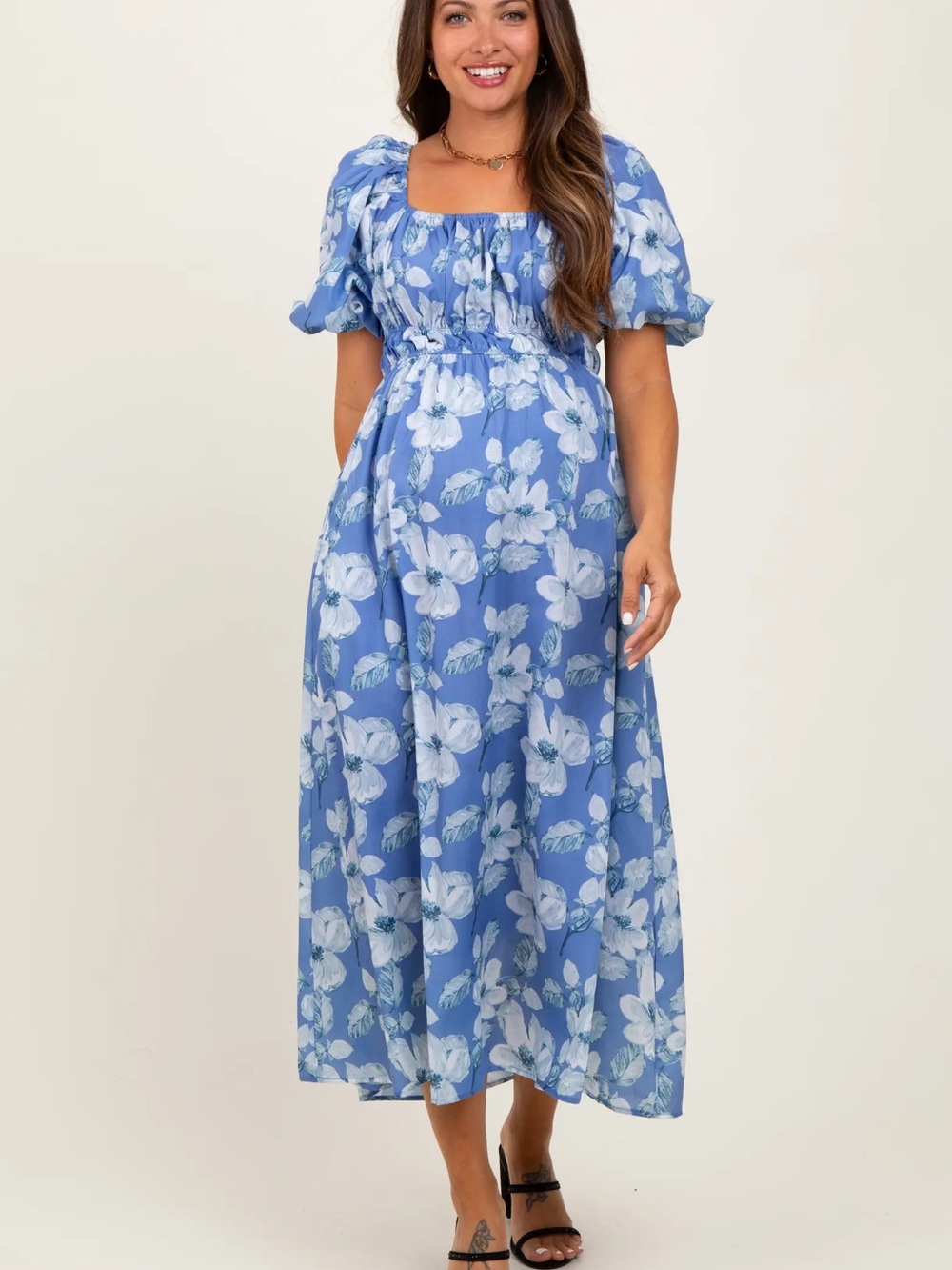 Blue Floral Square-Neck Maxi Dress - Unbranded